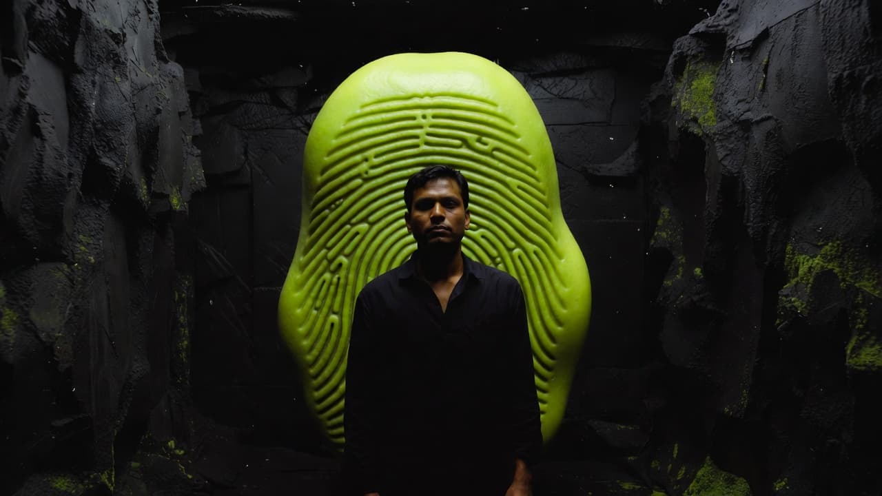 Aphid ID banner — a person standing before a large neon green fingerprint sculpture in a dark cavern